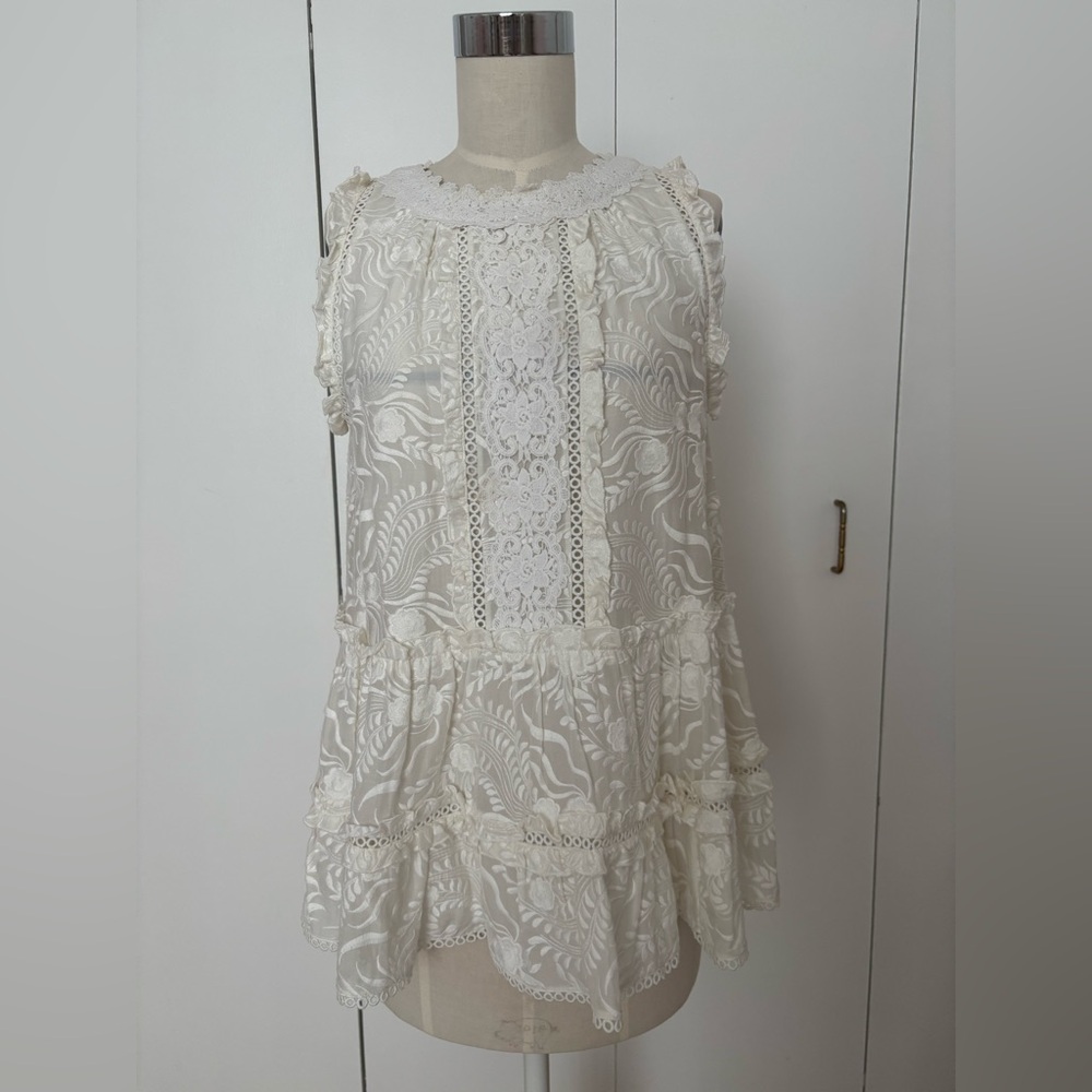 Elegant White Embroidered Shell with Lace Trims